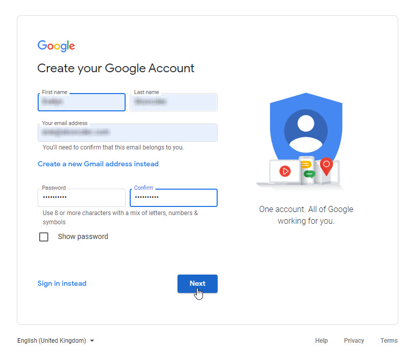 Enter Your Details for Your Google Account