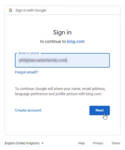 Example; Sign in with Google to Bing Webmaster Tools