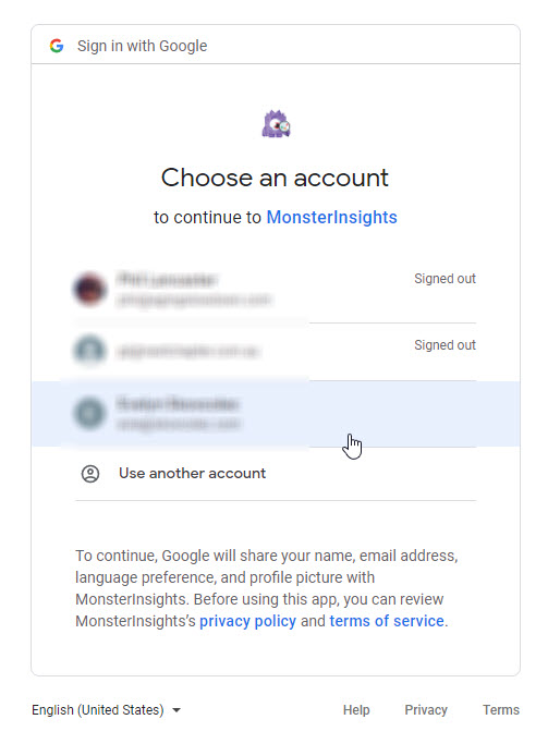 37 Choose Google Account for Monster Insights